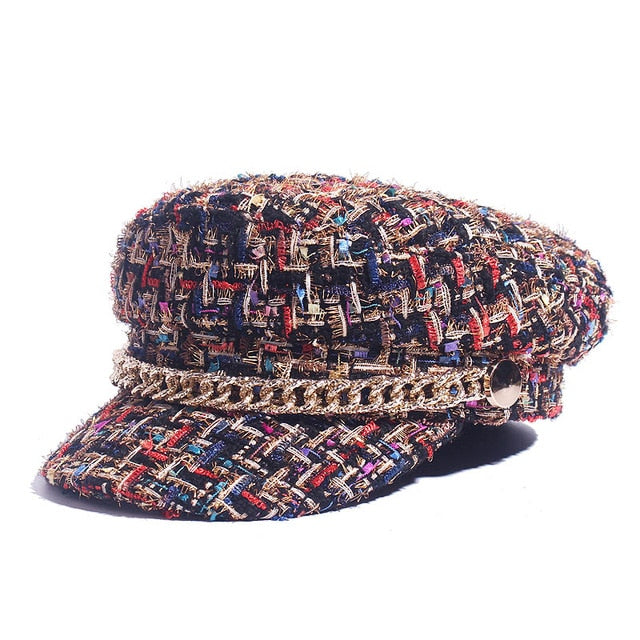 Casquette Plate Femme Tweed – Style Militaire Octogonal Polyvalent