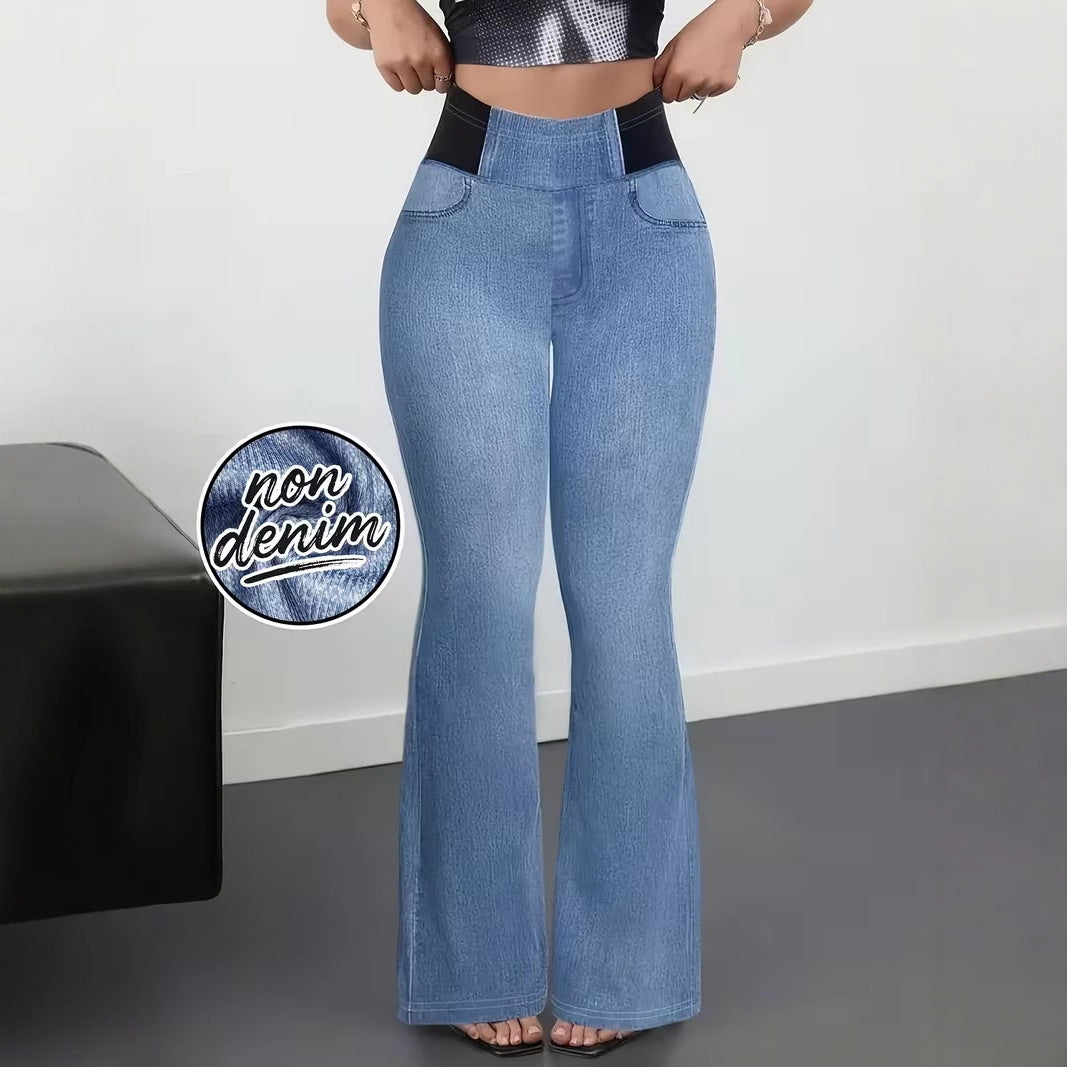 Pantalon Slim Taille Élastique Femme Polyester Imprimé – Style Japonais Coréen Casual Bleu Clair