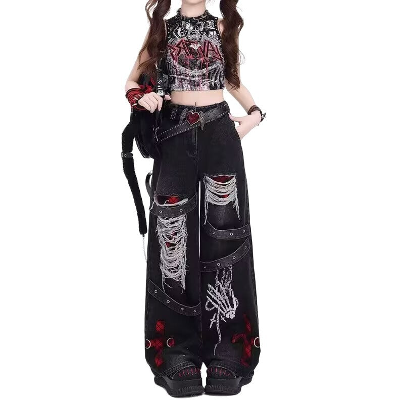 Jean Déchiré Femme Denim Vintage – Style Streetwear Hip-Hop Noir