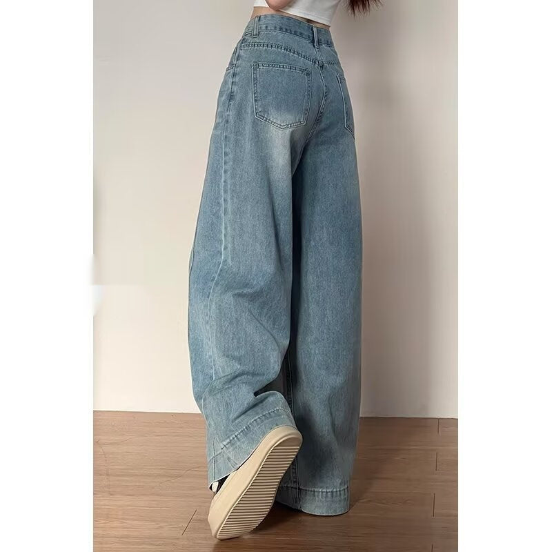 Jean Large Femme Coton Taille Haute – Style Japonais Coréen Zip Couleur Rétro Automne