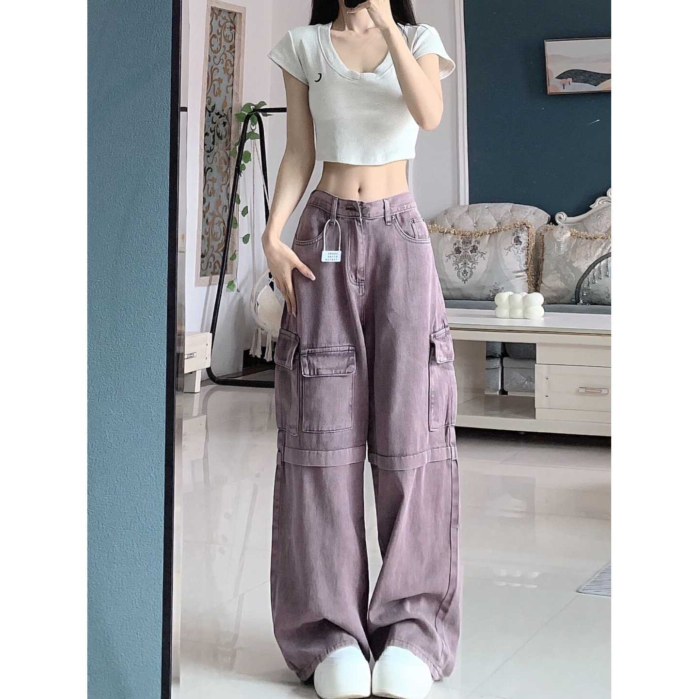 Jean Cargo Violet Rétro Femme – Pantalon Large Taille Haute