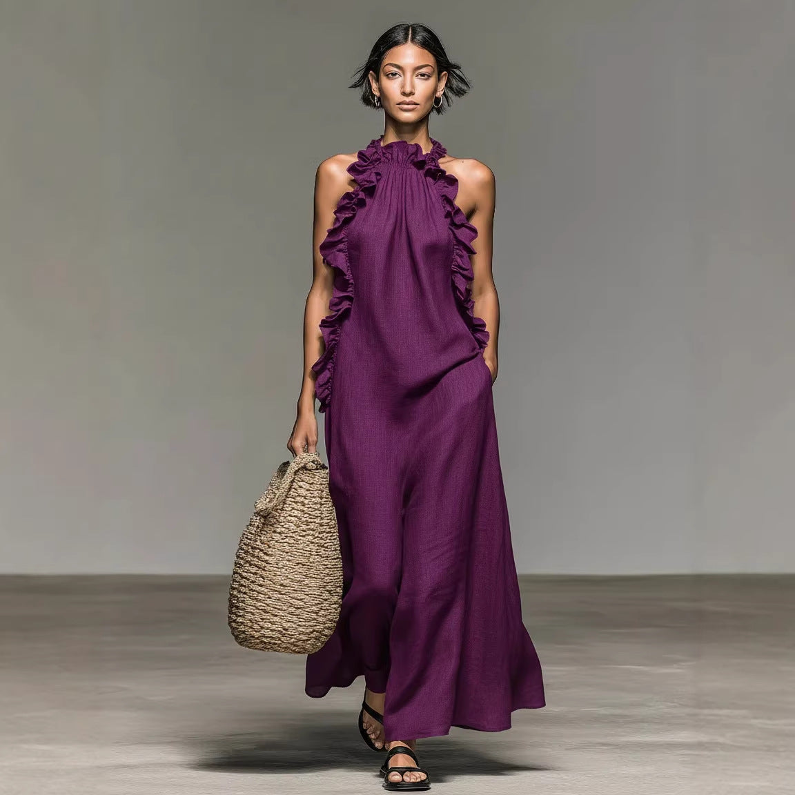 Robe Maxi Femme Soie Glacée Col Licou – Style Resort Dos Nu Volantée