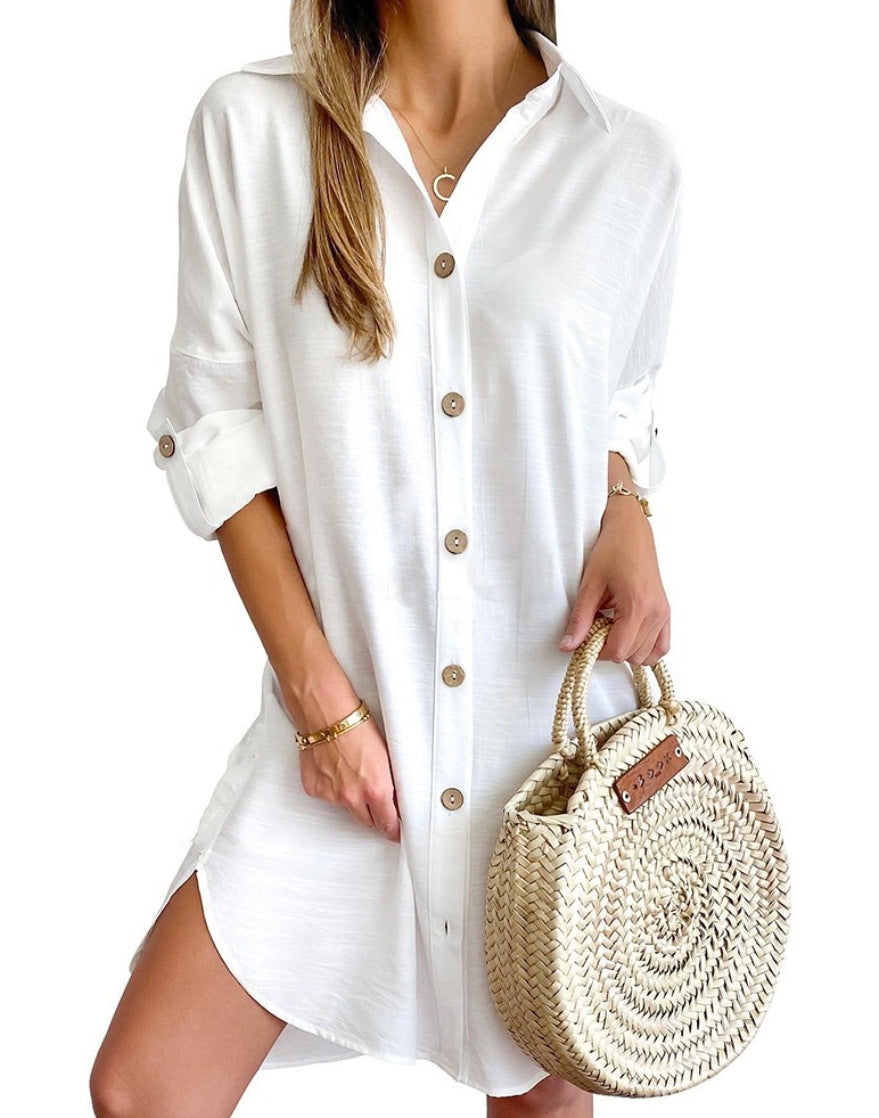 Robe Chemise Femme Polyester Manches Longues Col Boudé – Style Urbain Commuter