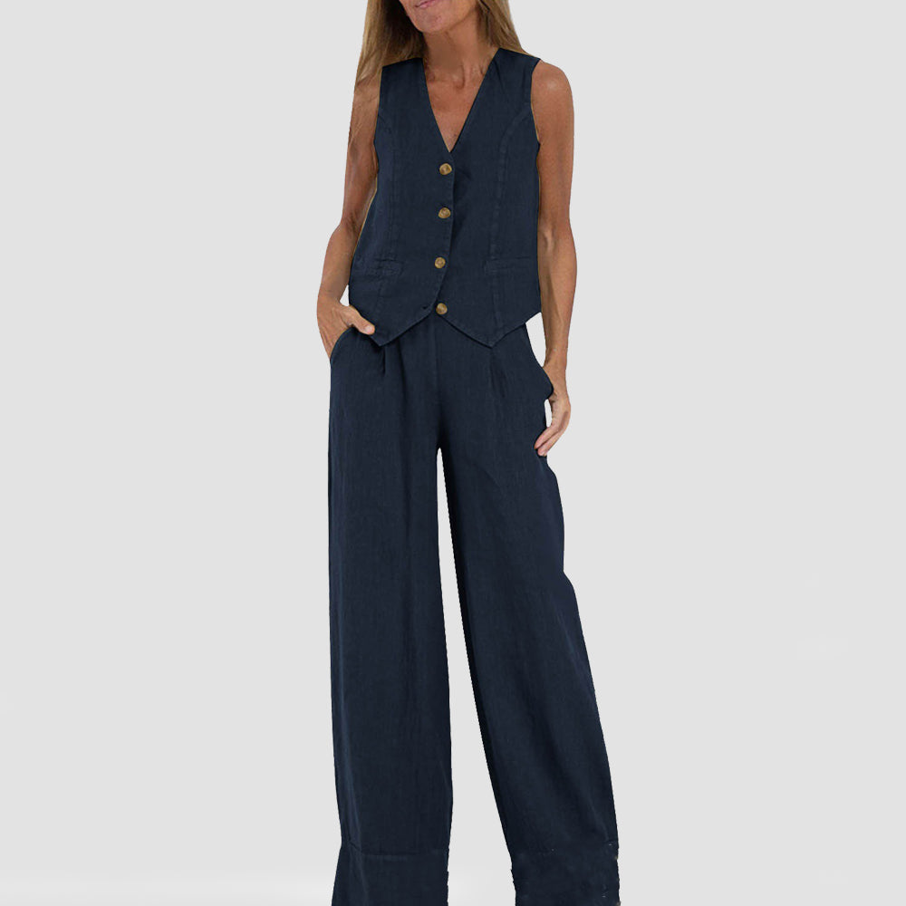 Ensemble Été Femme Lin Coton – Gilet Col V Sans Manches & Pantalon Droit Casual 10 Coloris S-4XL