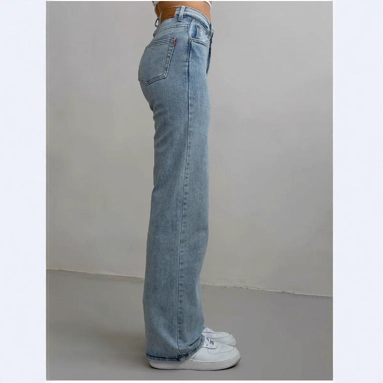 Pantalon Évasé Femme Denim Coton Lavé – Taille Mi-Haute Style Commuter Chic Bleu