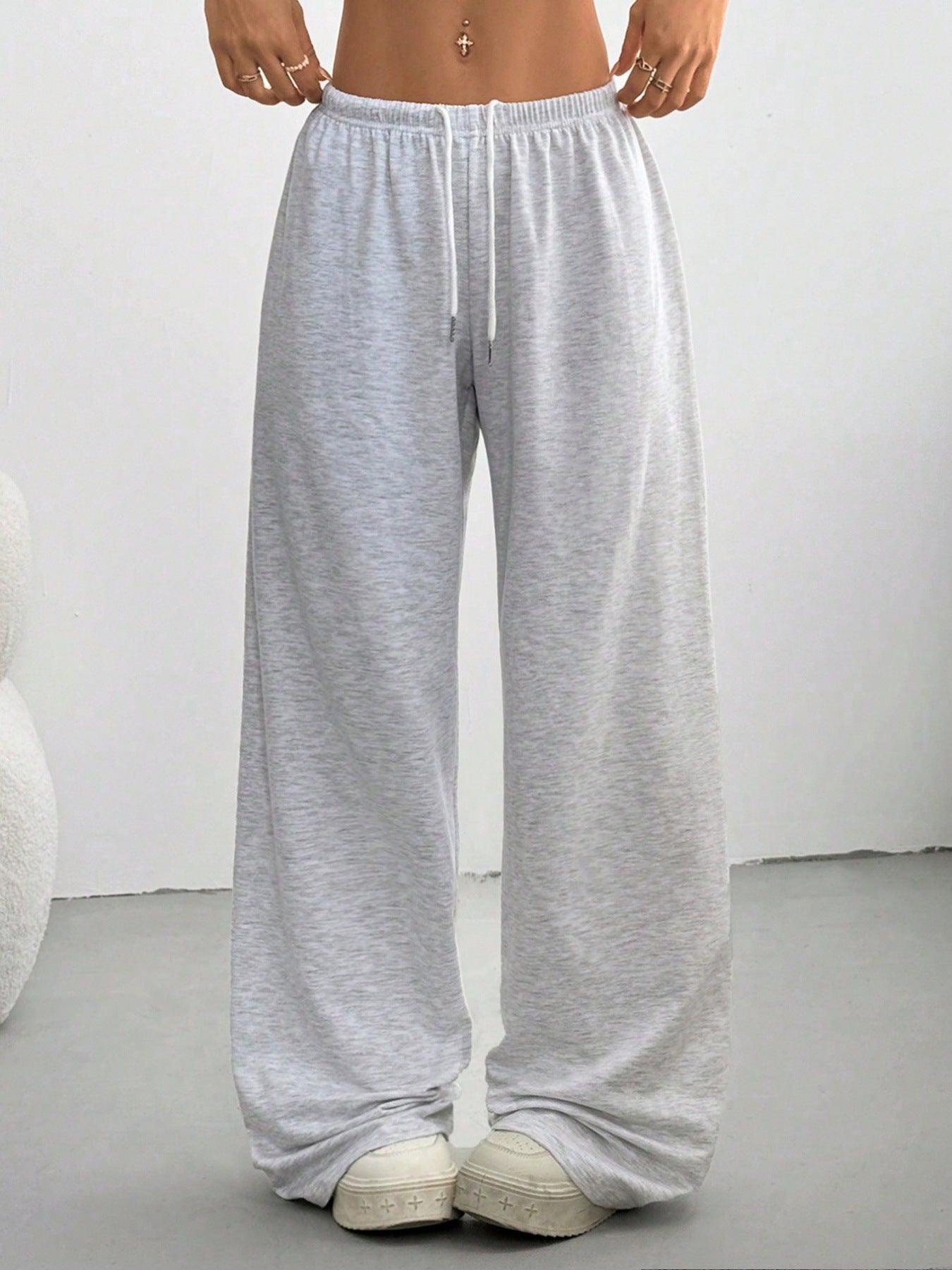 Pantalon Large Évasé Femme Polyester Cordon – Sport Casual Gris Noir Bordeaux Bleu Marine