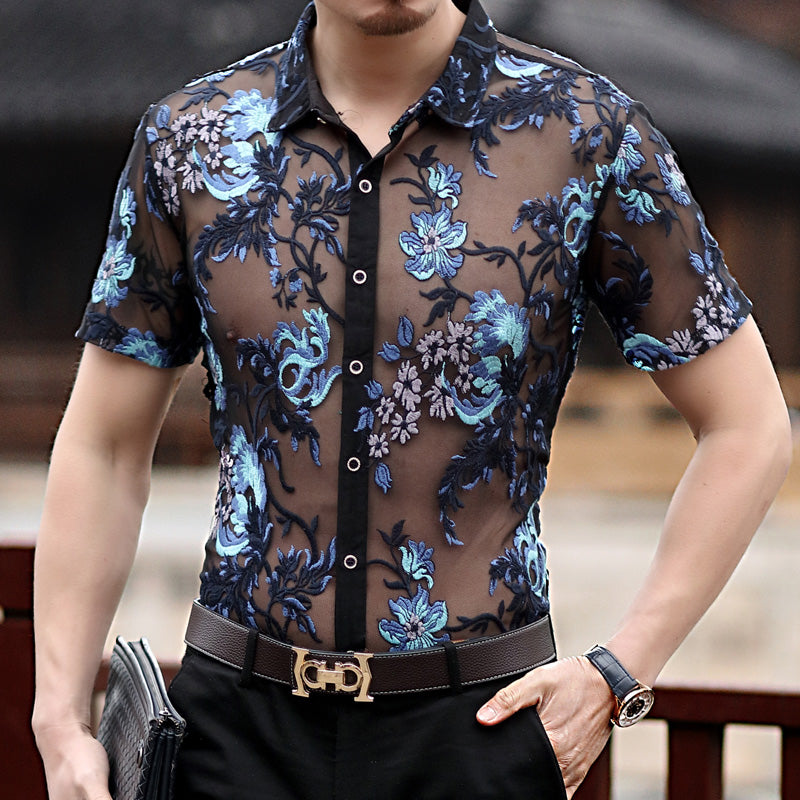 Chemise Soie Florale Transparente Homme Manches Courtes – Col Pointu Été Rouge S-3XL