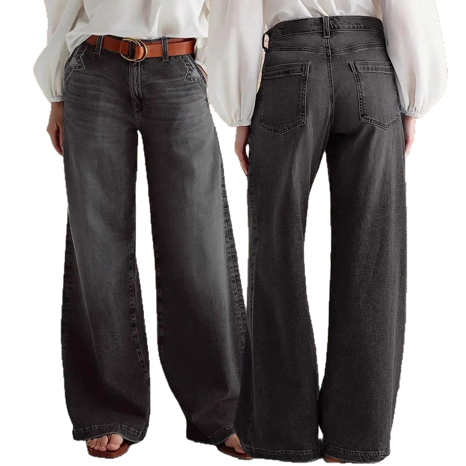 Jean Droit Stretch Femme – Style Vintage Artistique Taille Mi-Haute Noir Gris