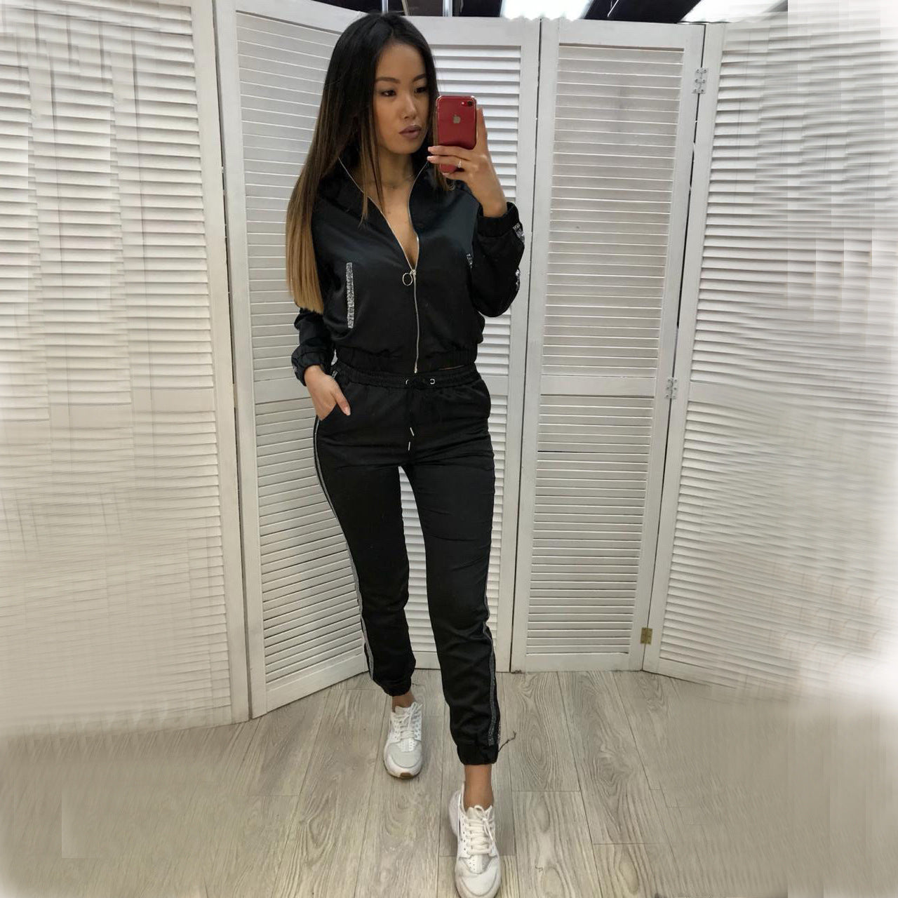 Ensemble Sweat Femme Polaire Manches Longues – Pantalon Droit Rouge Gris Noir S-XL