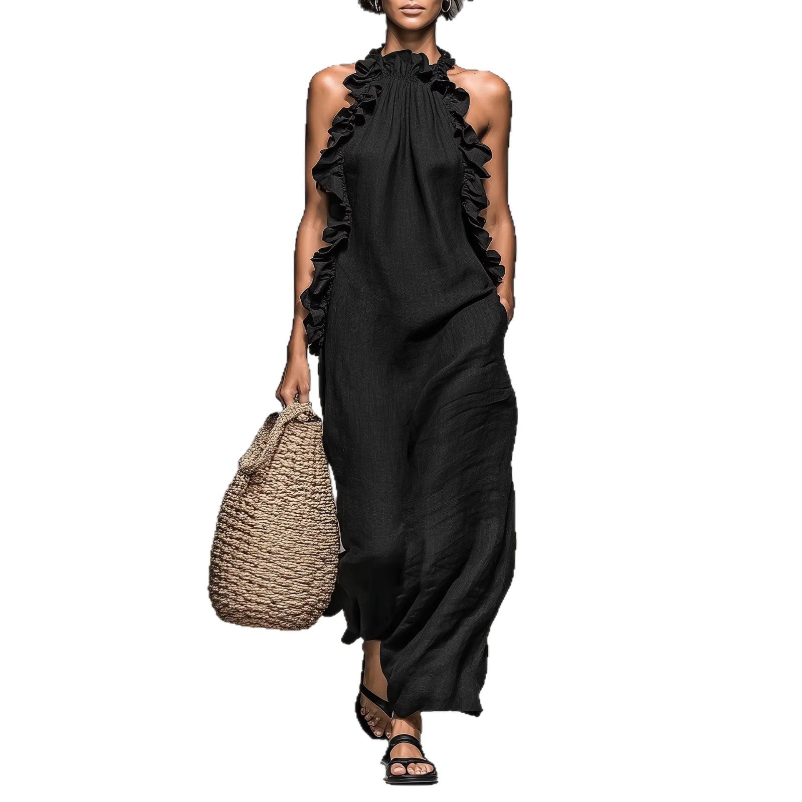 Robe Maxi Femme Soie Glacée Col Licou – Style Resort Dos Nu Volantée