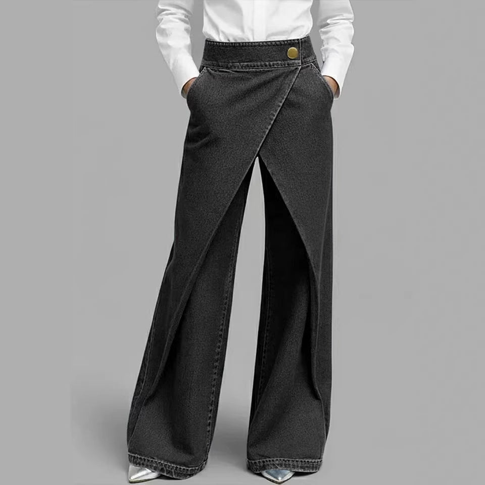 Jean Droit Slim Femme Denim Polyester – Bleu & Noir Longueur Complète
