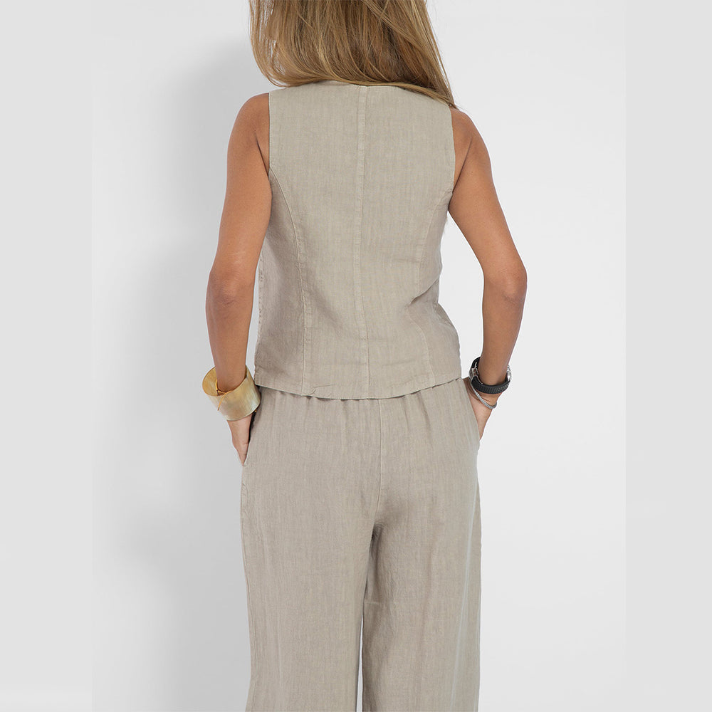 Ensemble Été Femme Lin Coton – Gilet Col V Sans Manches & Pantalon Droit Casual 10 Coloris S-4XL