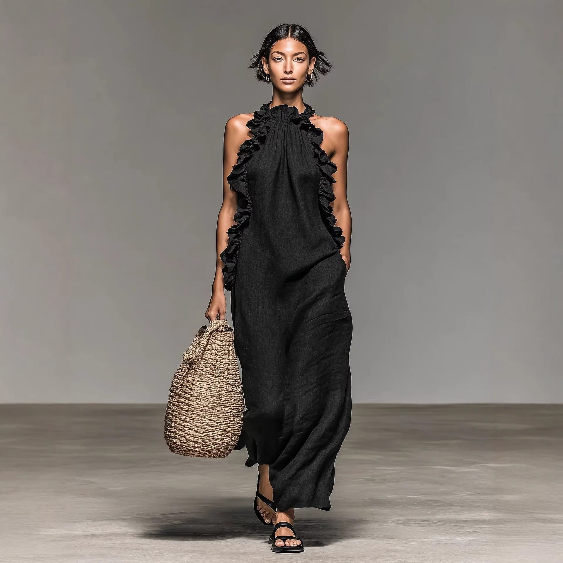 Robe Maxi Femme Soie Glacée Col Licou – Style Resort Dos Nu Volantée