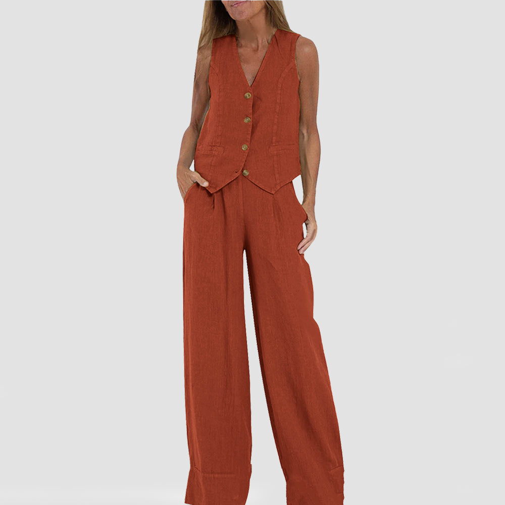 Ensemble Été Femme Lin Coton – Gilet Col V Sans Manches & Pantalon Droit Casual 10 Coloris S-4XL