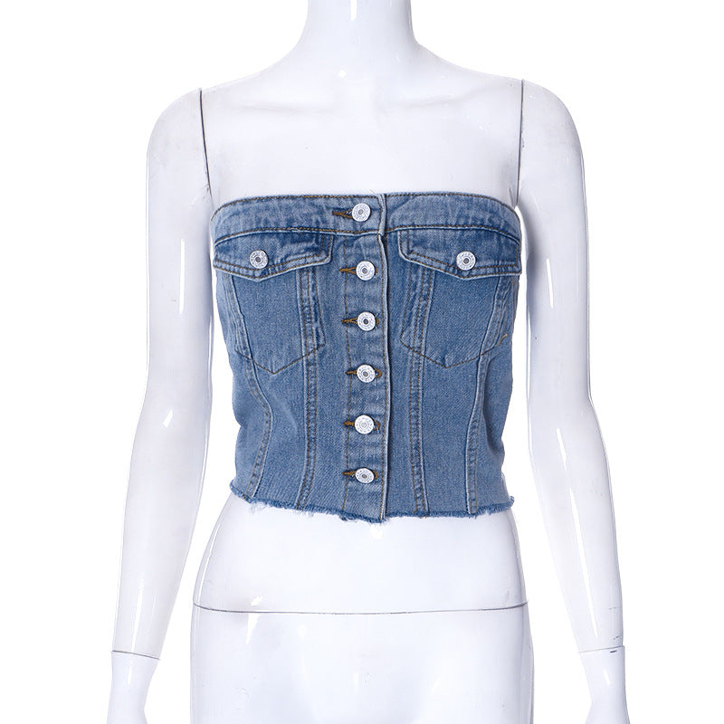 Débardeur Femme Jean Boutons – Style Denim Fashion Noir Bleu XS-XL