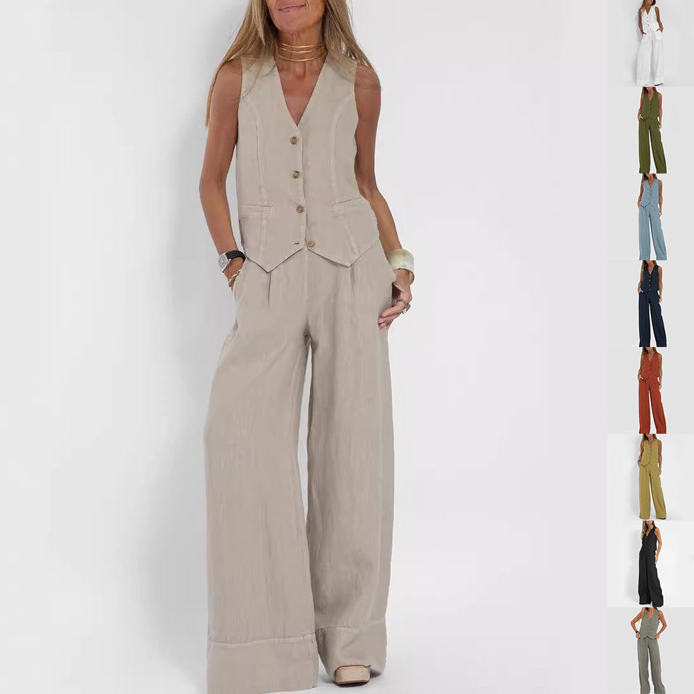 Ensemble Été Femme Lin Coton – Gilet Col V Sans Manches & Pantalon Droit Casual 10 Coloris S-4XL