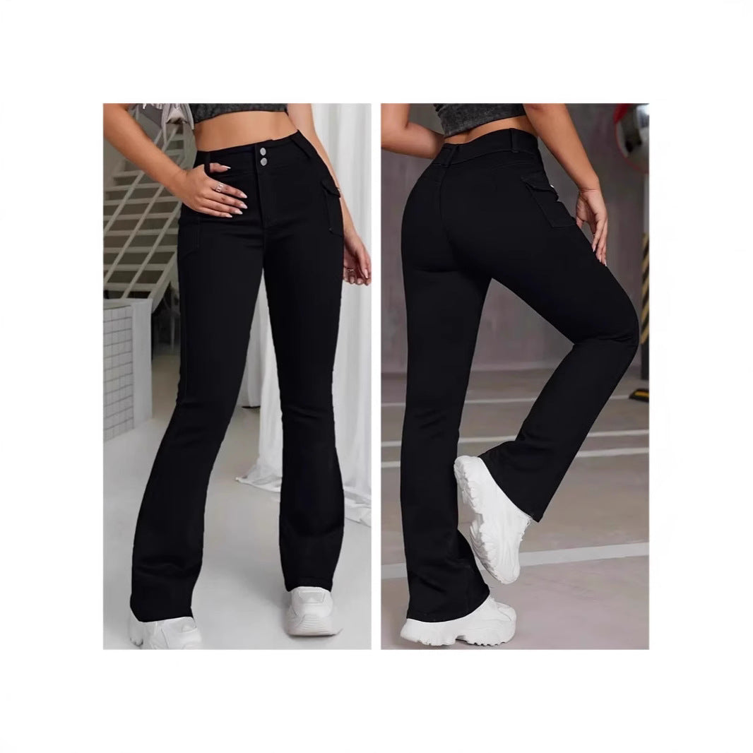 Jean Évasé Femme Coton Taille Ultra-Basse – Boutons Slim Polyvalent Noir S-2XL