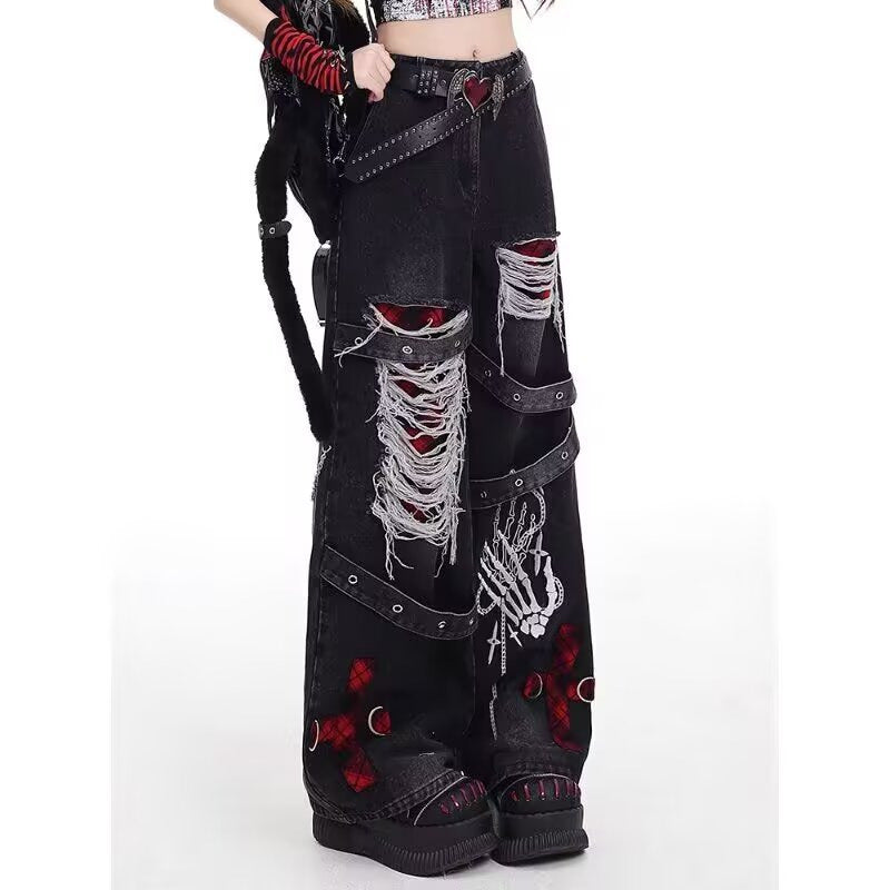 Jean Déchiré Femme Denim Vintage – Style Streetwear Hip-Hop Noir