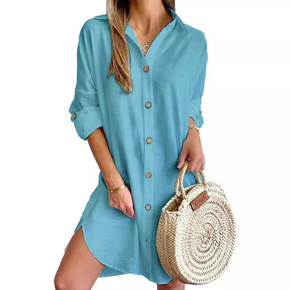 Robe Chemise Femme Polyester Manches Longues Col Boudé – Style Urbain Commuter
