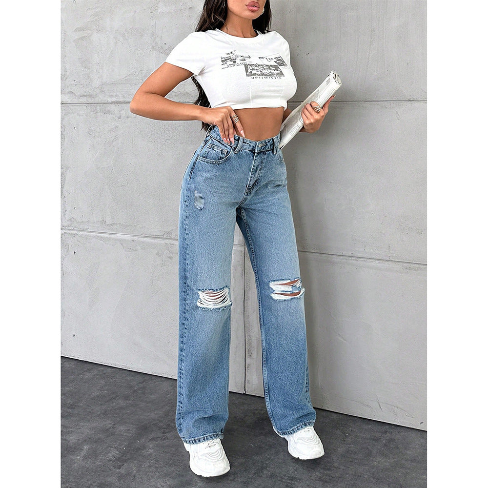 Jean Droit Casual Lavé Femme Polyester – Taille Haute Bleu Clair Bleu Moyen Noir