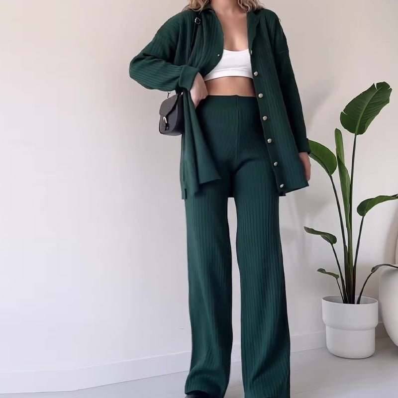 Ensemble Homewear Femme Polyester Casual – Top & Pantalon Vert Blanc Cassé Noir