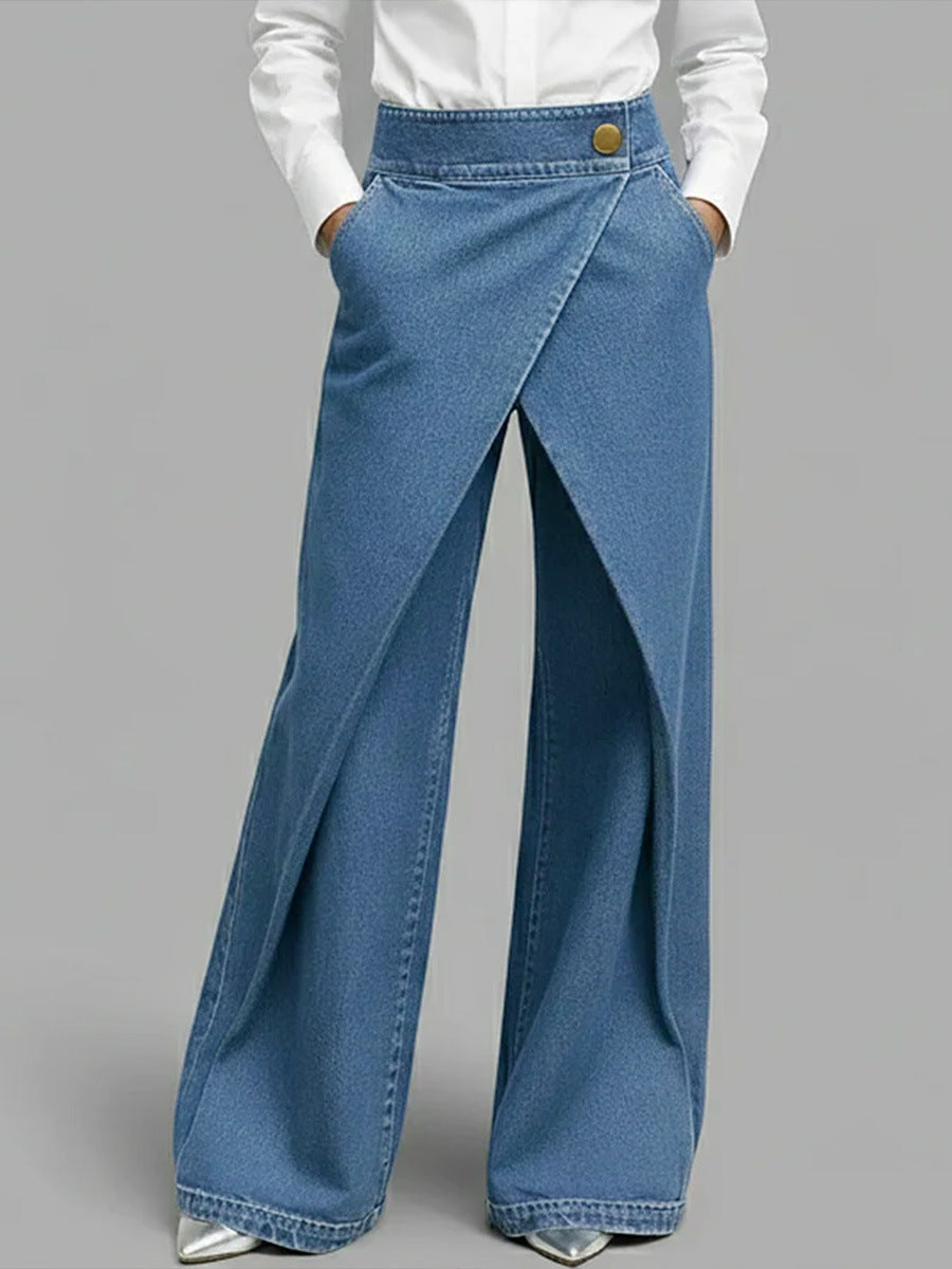 Jean Droit Slim Femme Denim Polyester – Bleu & Noir Longueur Complète