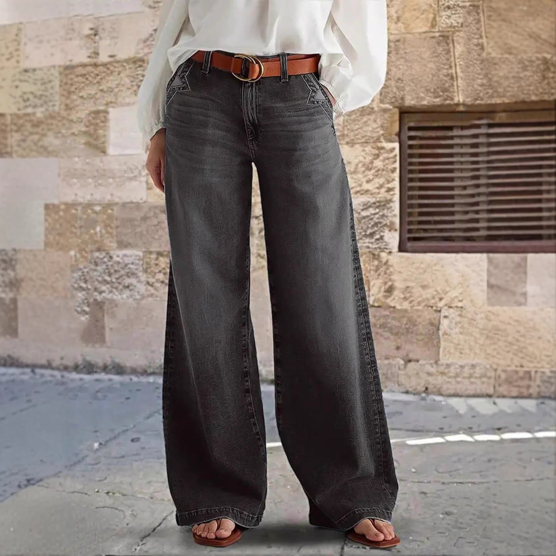 Jean Droit Stretch Femme – Style Vintage Artistique Taille Mi-Haute Noir Gris