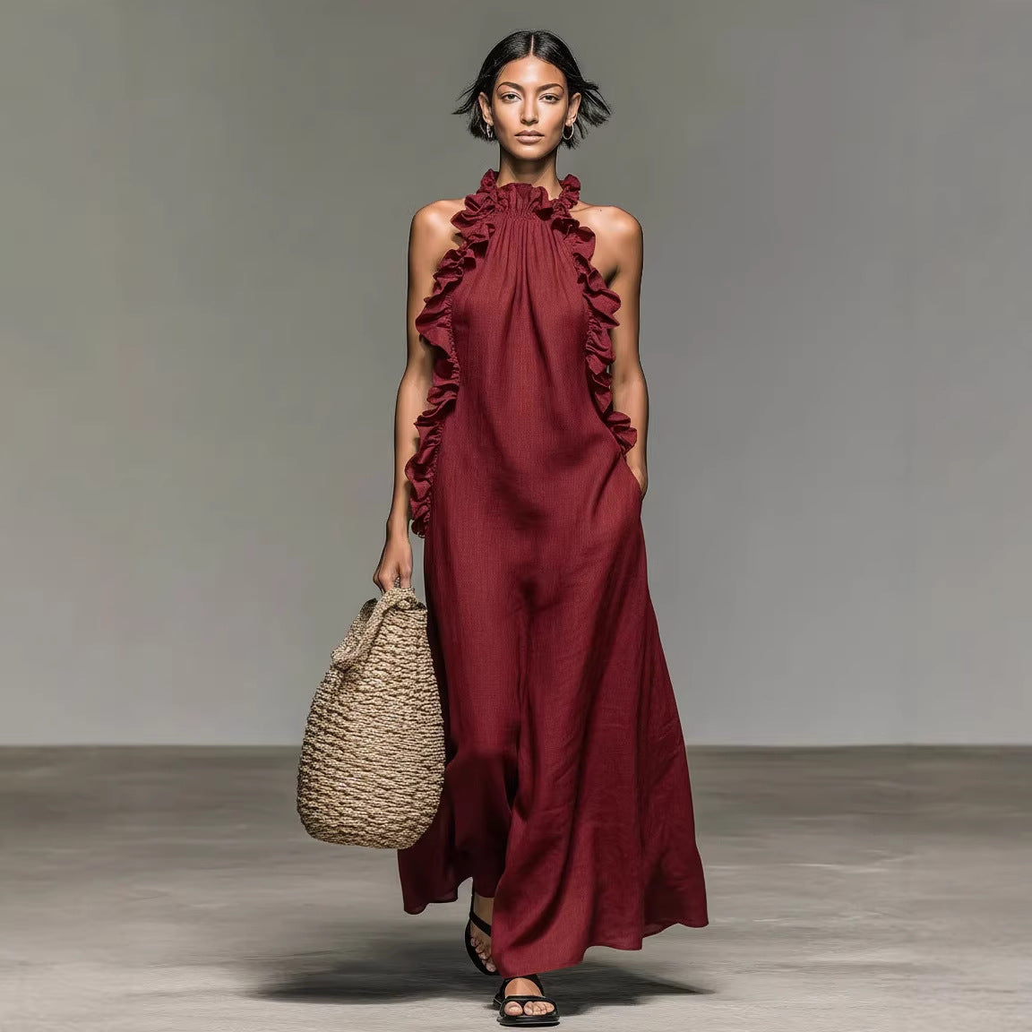 Robe Maxi Femme Soie Glacée Col Licou – Style Resort Dos Nu Volantée