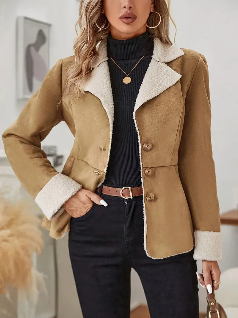 Veste Fourrure Femme Col Revers – Chaude Casual Poches Polyester