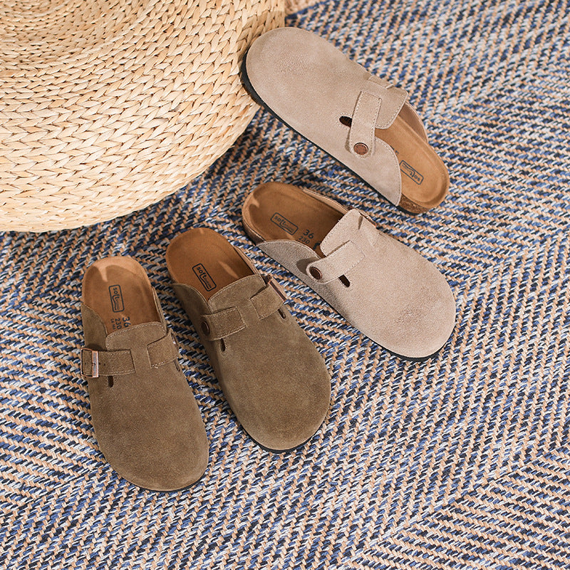 Women's Genuine Leather Mules – Retro Closed-Toe French Style Slippers