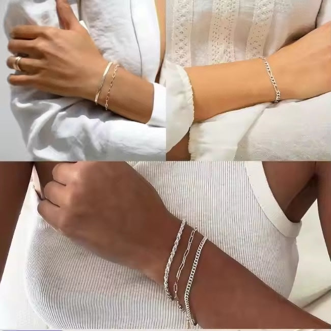Lot 5 Bracelets Femme Argenté 14K – Set Superposable Ajustable Tendance