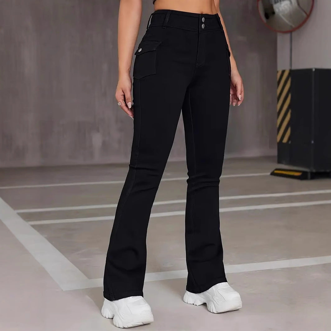 Jean Évasé Femme Coton Taille Ultra-Basse – Boutons Slim Polyvalent Noir S-2XL