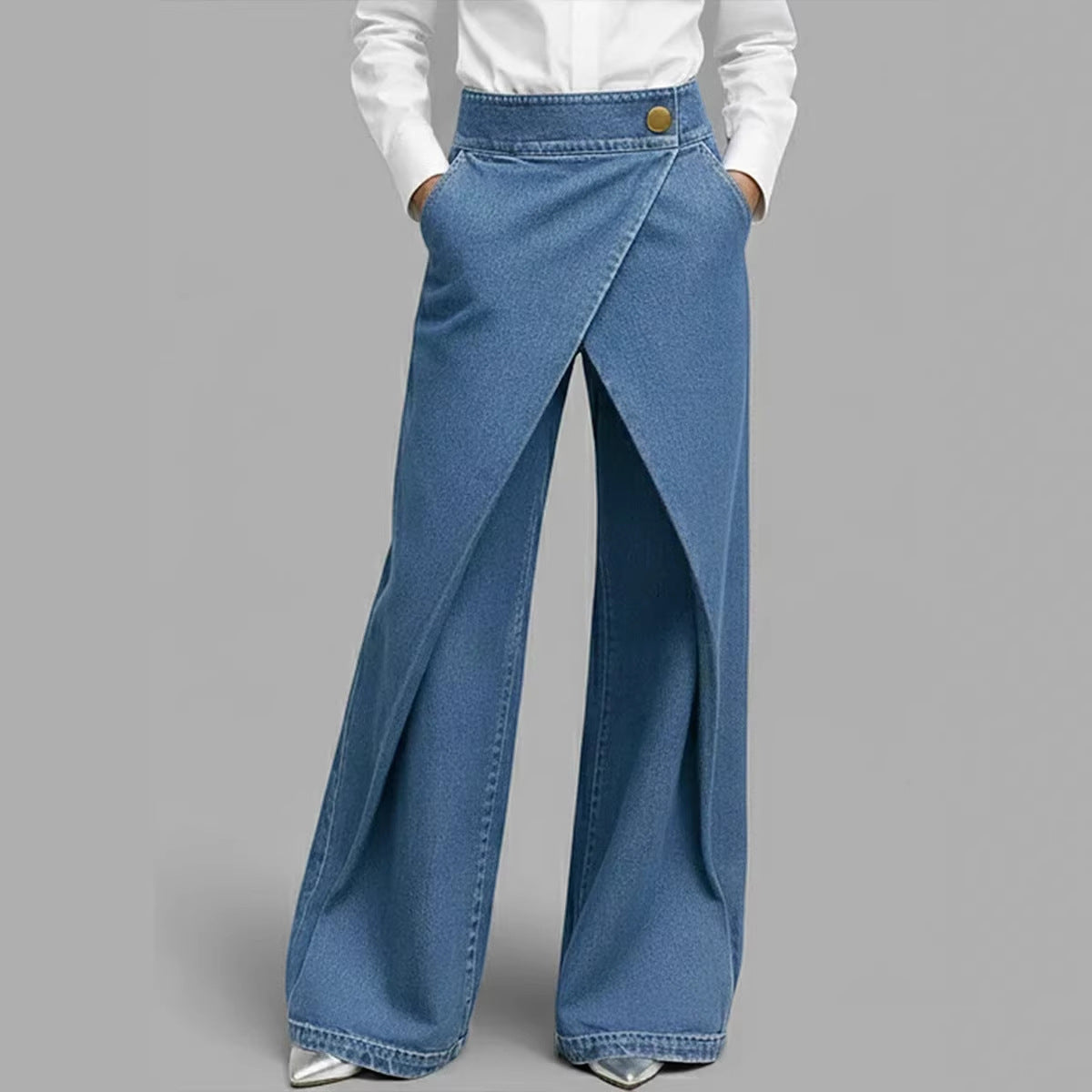 Jean Droit Slim Femme Denim Polyester – Bleu & Noir Longueur Complète