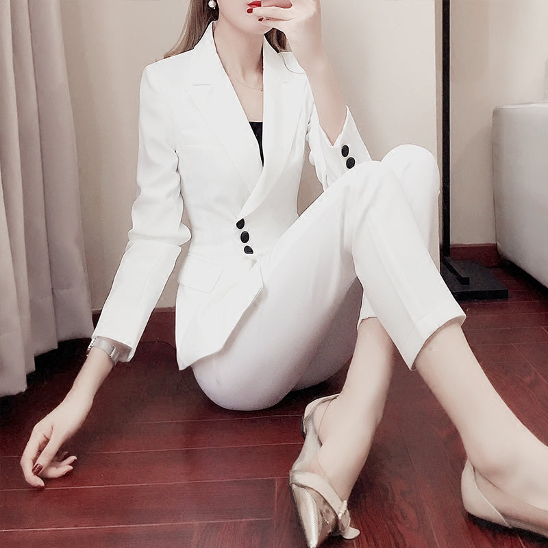 Tailleur Pantalon Slim Femme – Veste & Pantalon Ajusté Blanc Noir