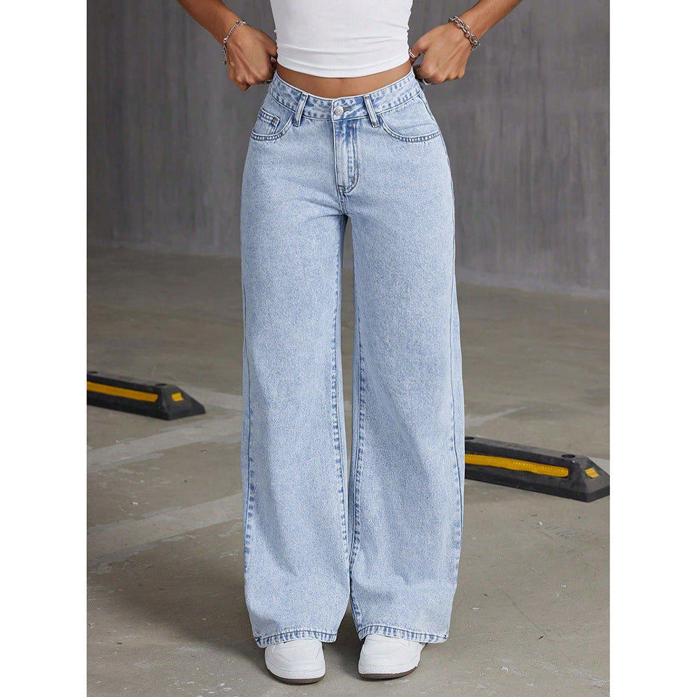 Jean Droit Taille Haute Femme Polyester Retro – Style Japandi Casual Bleu Clair