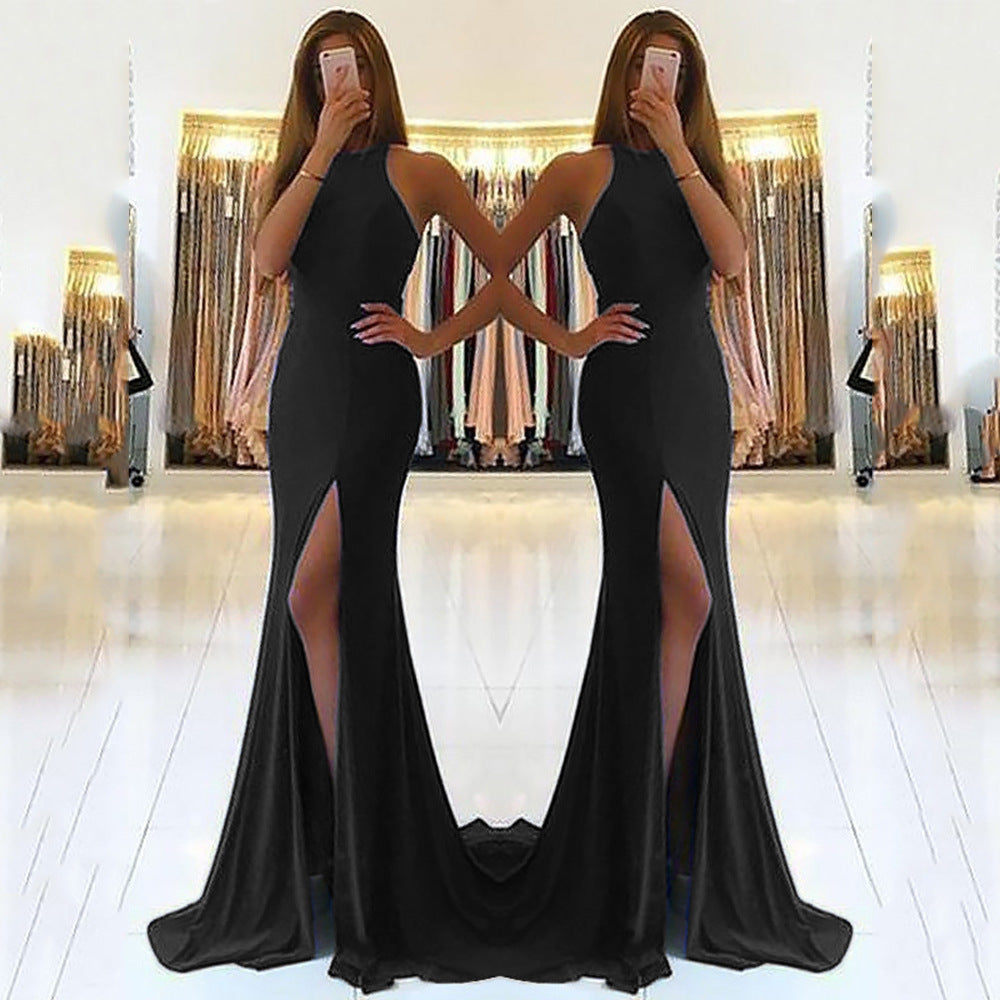 Robe de Soirée Longue Femme Tricot – Col Licou Taille Haute Zip Creux
