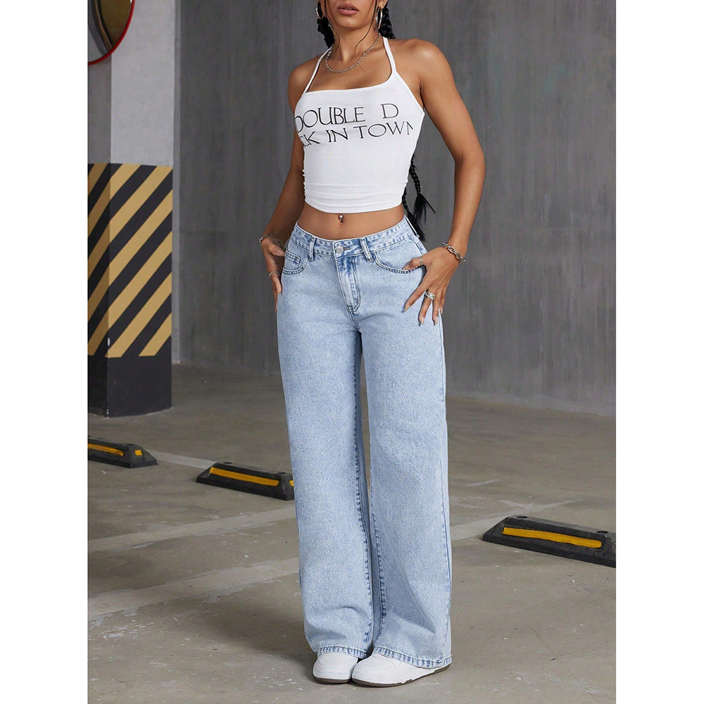 Jean Droit Taille Haute Femme Polyester Retro – Style Japandi Casual Bleu Clair