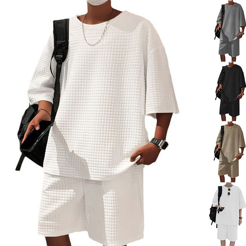 Ensemble Short Manches Courtes Loose Homme Polyester – T-shirt + Short Été Noir Gris Kaki Blanc S-3XL