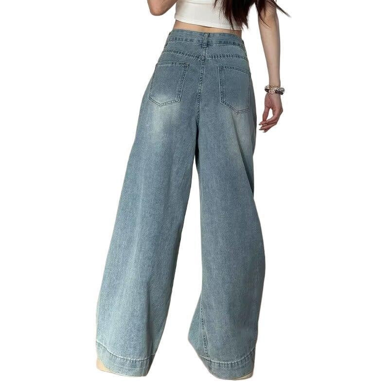 Jean Large Femme Coton Taille Haute – Style Japonais Coréen Zip Couleur Rétro Automne