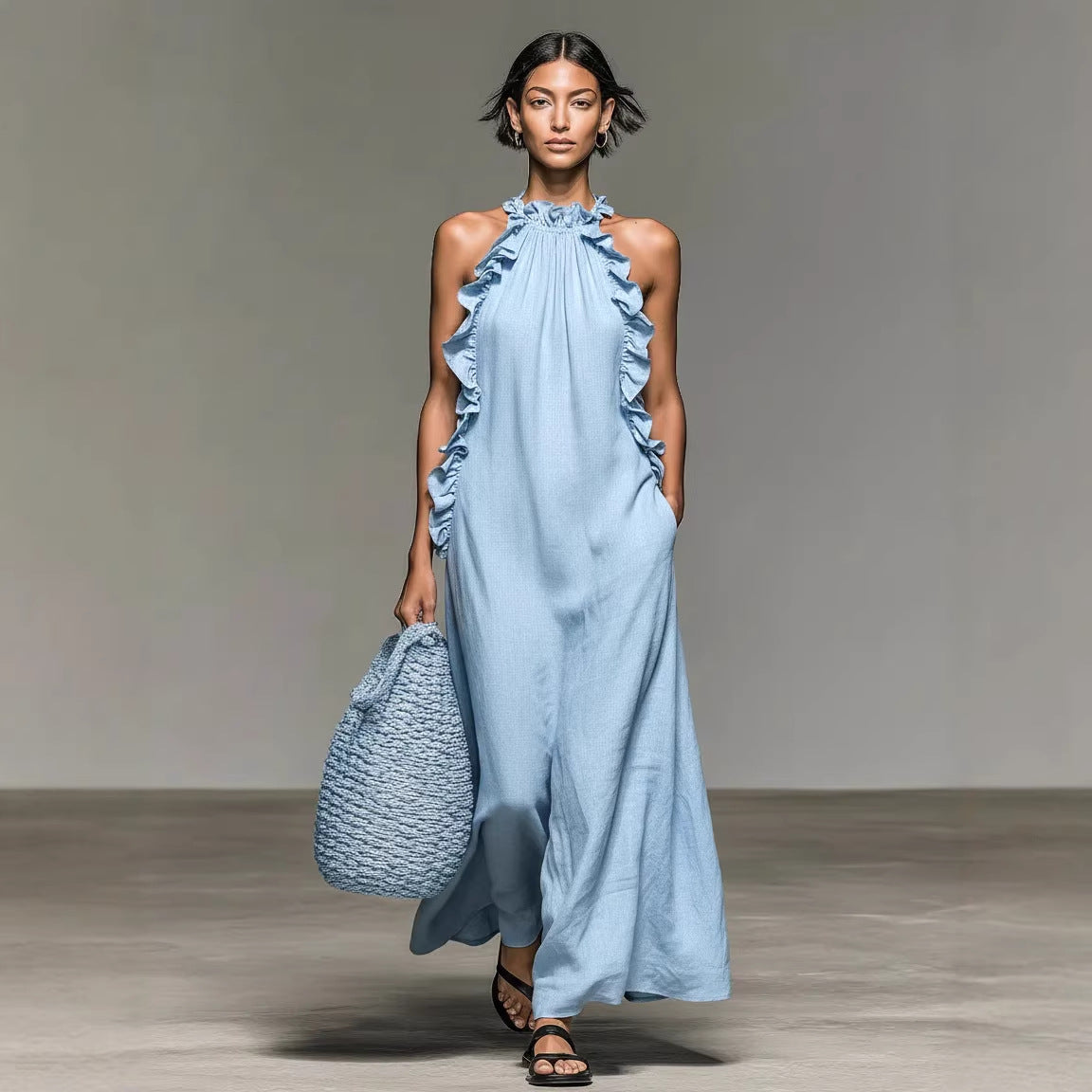 Robe Maxi Femme Soie Glacée Col Licou – Style Resort Dos Nu Volantée