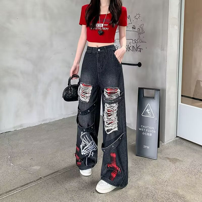 Jean Déchiré Femme Denim Vintage – Style Streetwear Hip-Hop Noir