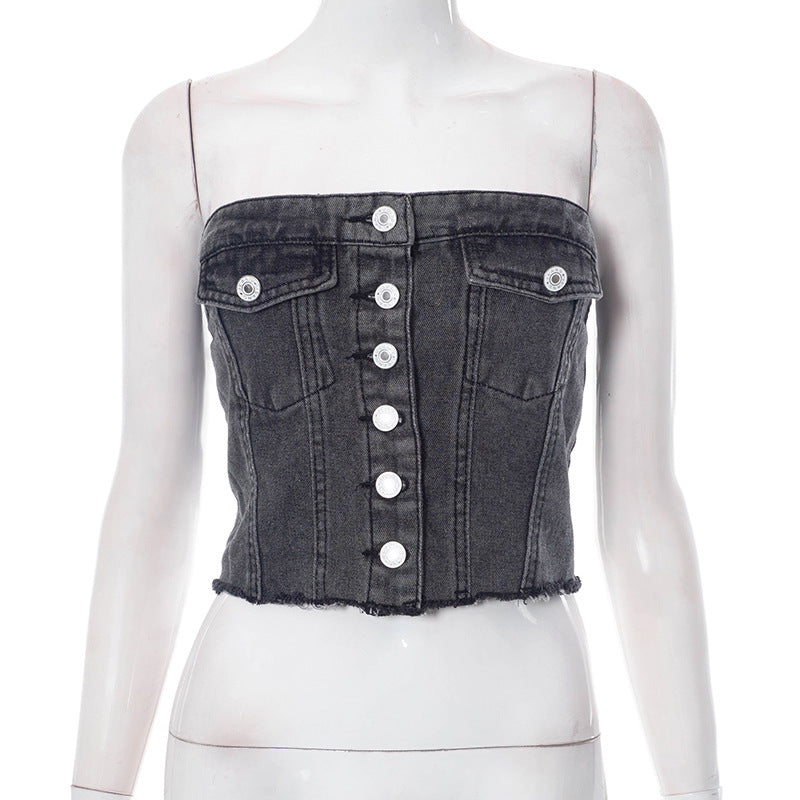 Débardeur Femme Jean Boutons – Style Denim Fashion Noir Bleu XS-XL