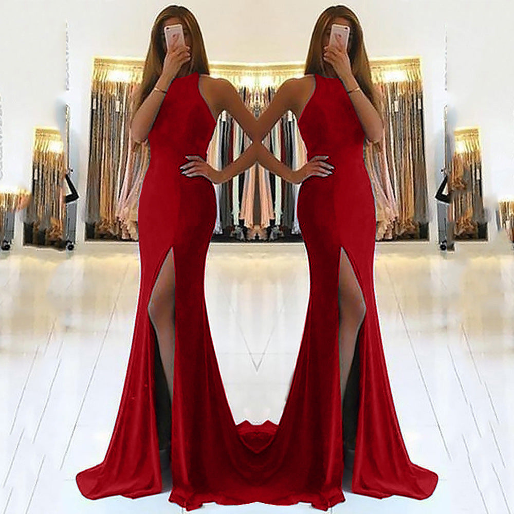 Robe de Soirée Longue Femme Tricot – Col Licou Taille Haute Zip Creux