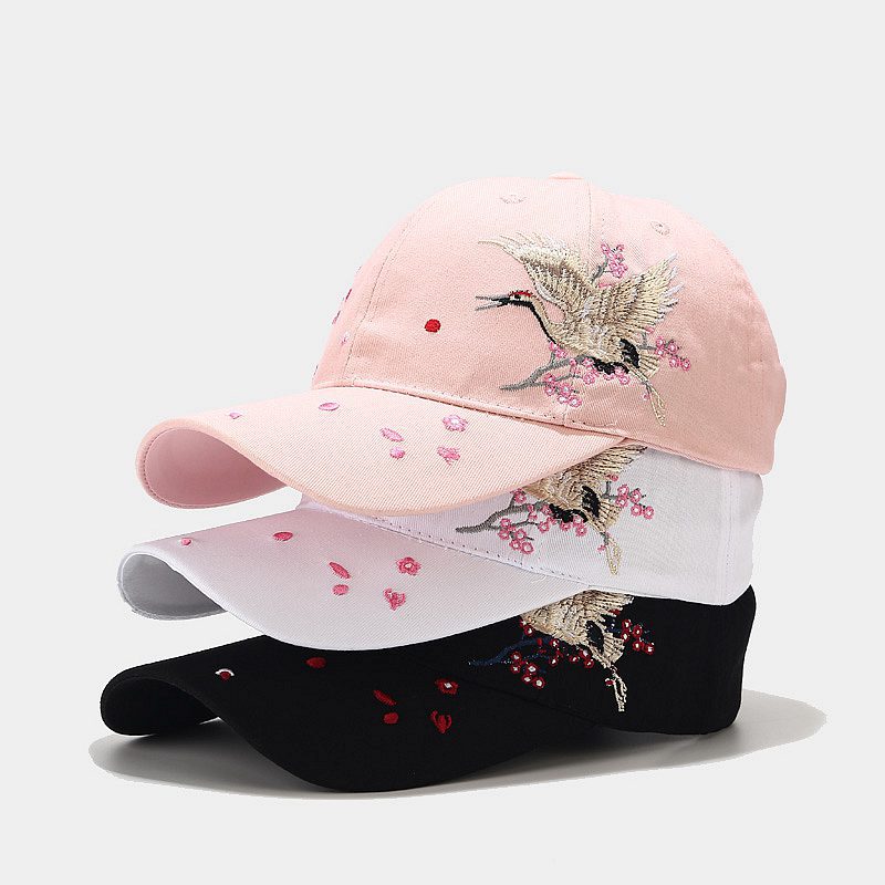 Casquette Baseball Femme Coton Brodée Grue – Visière Courbe Dome Noir Rose Blanc