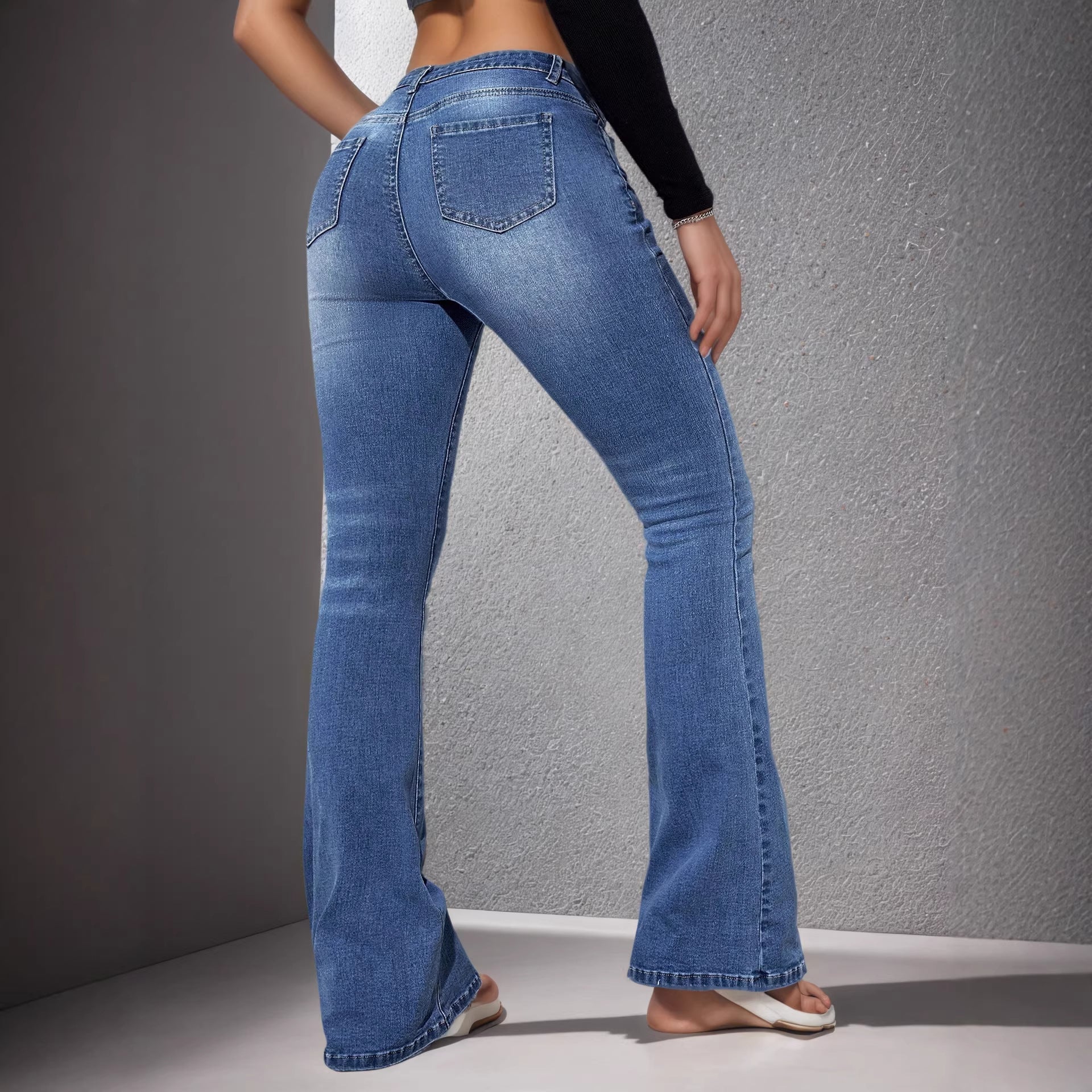 Jean Évasé Slim Femme Polyester Lavé Glace – Taille Haute Zip Bleu Saphir