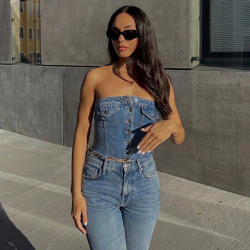 Débardeur Femme Jean Boutons – Style Denim Fashion Noir Bleu XS-XL