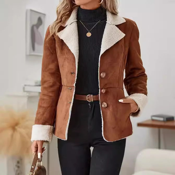 Veste Fourrure Femme Col Revers – Chaude Casual Poches Polyester