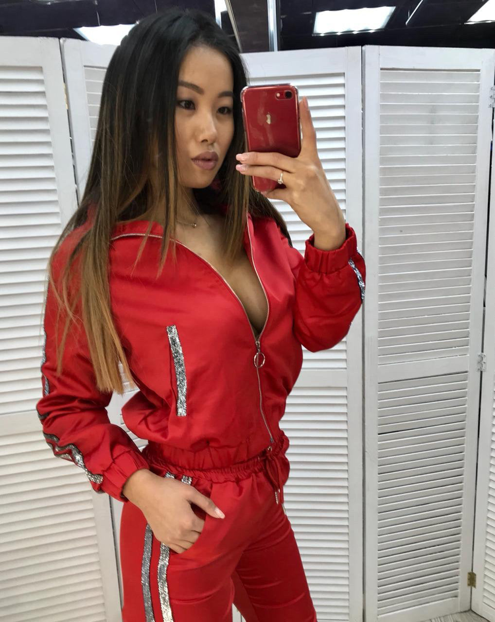 Ensemble Sweat Femme Polaire Manches Longues – Pantalon Droit Rouge Gris Noir S-XL