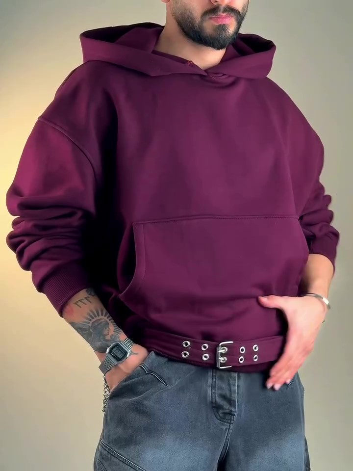 Hoodie Oversize Bordeaux – Sweat à Capuche Ceinture Latérale