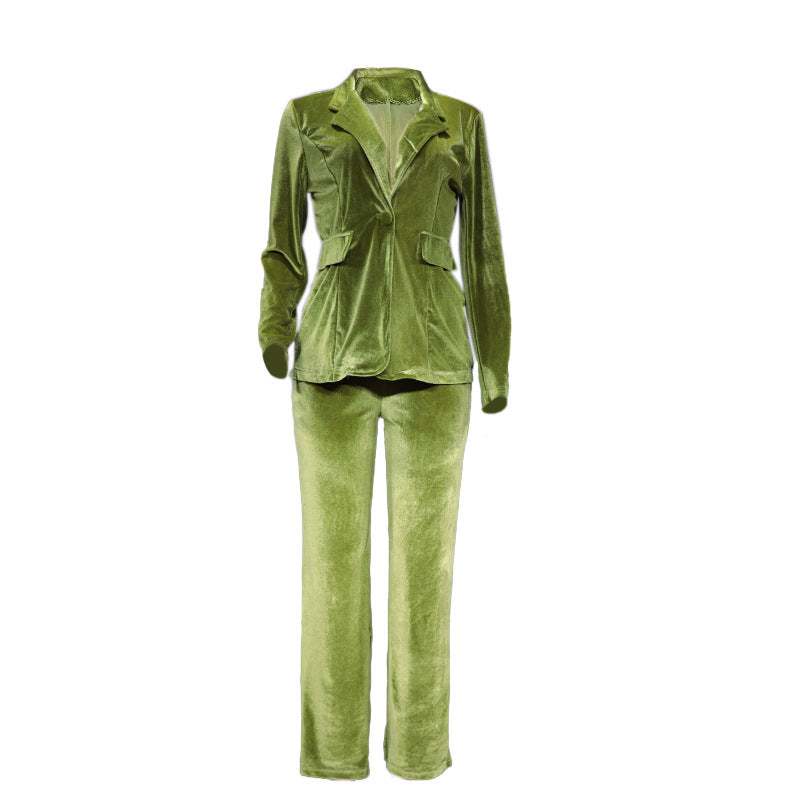 Women's Wide Leg Jacket & Pants Set, Polyester, Long Sleeves, Burgundy Green, Sizes S-XL